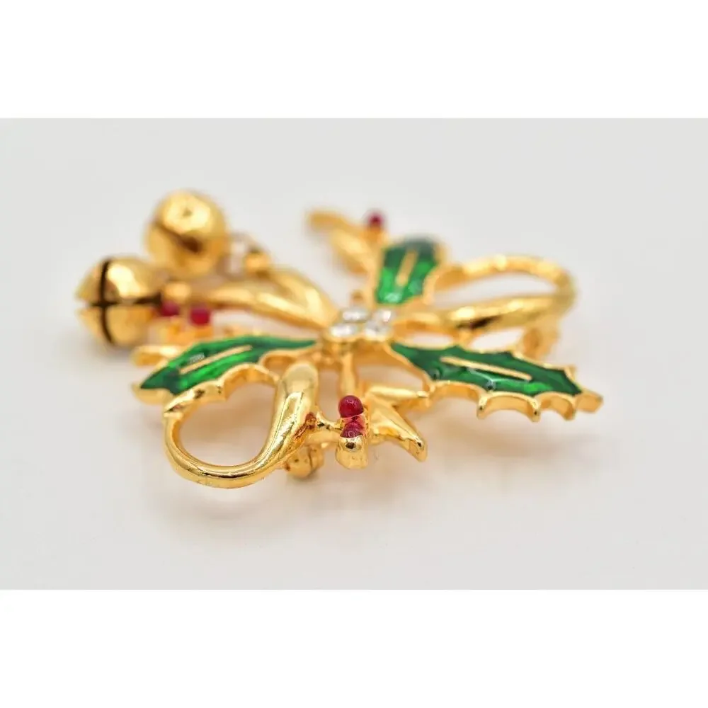 Vintage Christmas Pin Brooch Bell Holly Berry Green Red Enamel Gold 1980s BinAL